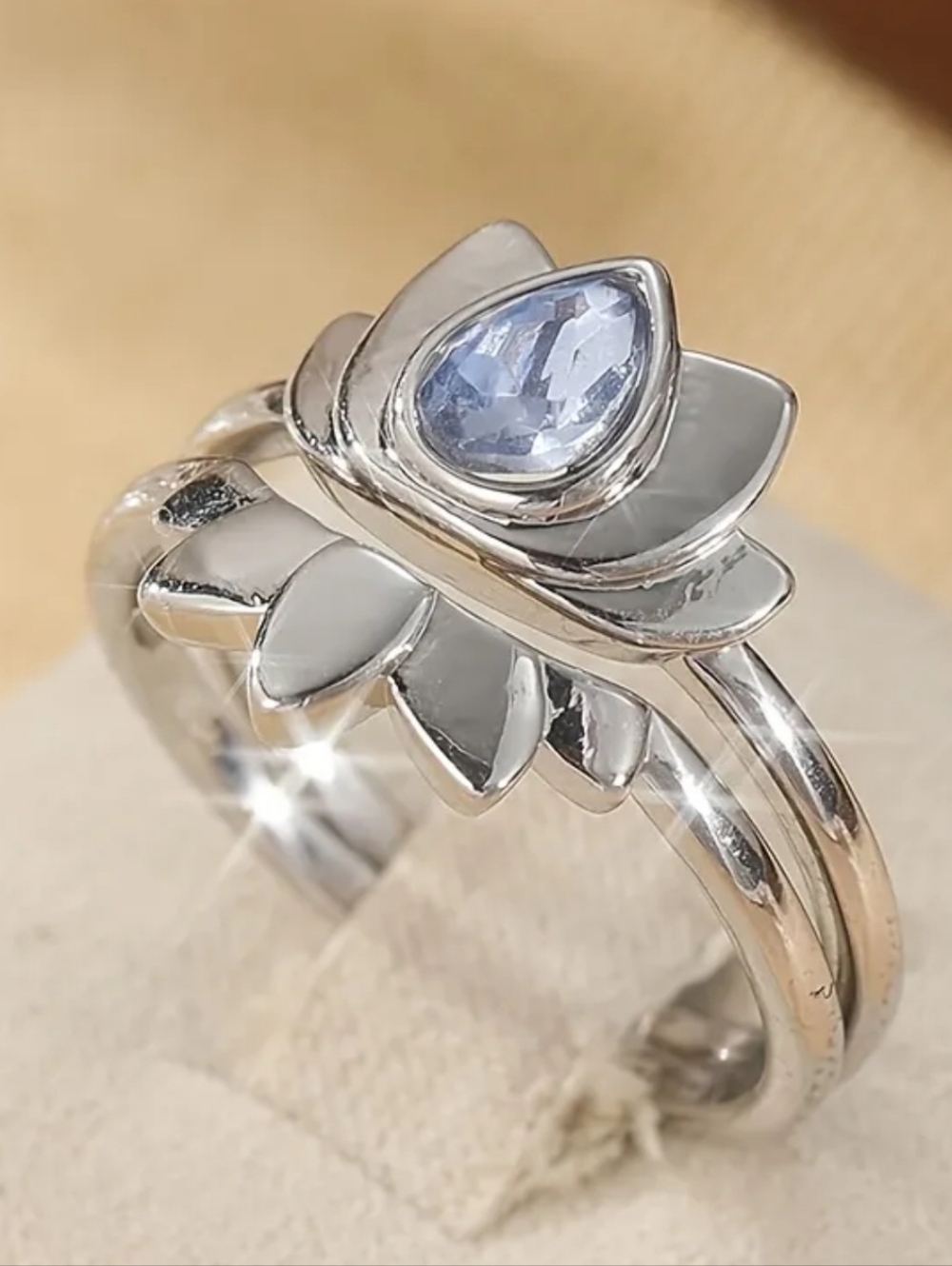 Boho Silvery Lotus Flower Ring Set | Blue Water Drop Crystal Size 8 - Picture 3 of 12